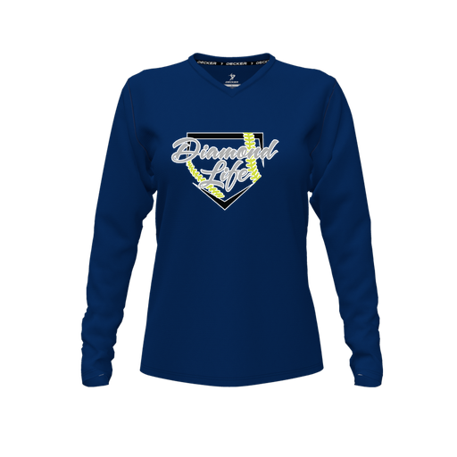 [CUS-DFW-TEES-CMF-VNK-LSL-NVY-FYXS-LOGO2] Decker Comfort T-Shirt (Female Youth XS, Navy, V Neck, Logo 2, Long Sleeve)
