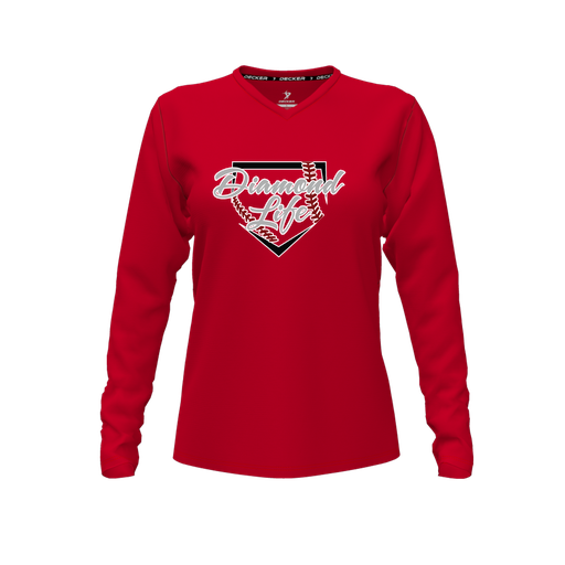 [CUS-DFW-TEES-CMF-VNK-LSL-RED-FYXS-LOGO1] Decker Comfort T-Shirt (Female Youth XS, Red, V Neck, Logo 1, Long Sleeve)